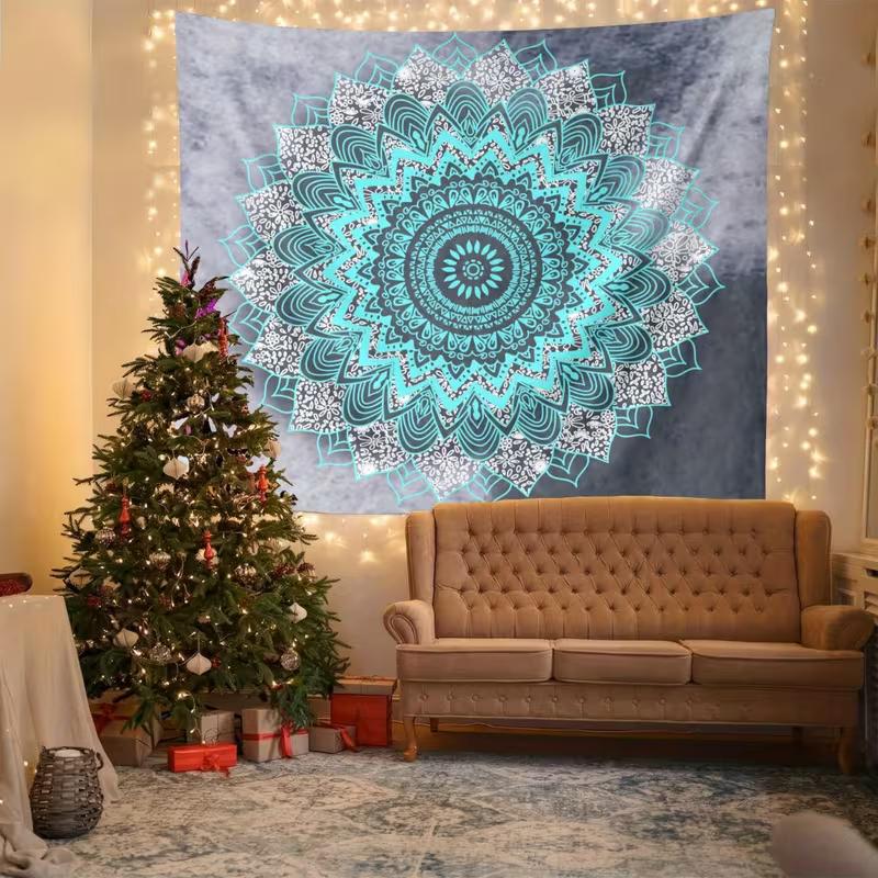 2D Aesthetic Mandala Tapestry, Grey Tie Dye & Turquoise Floral Background Cloth