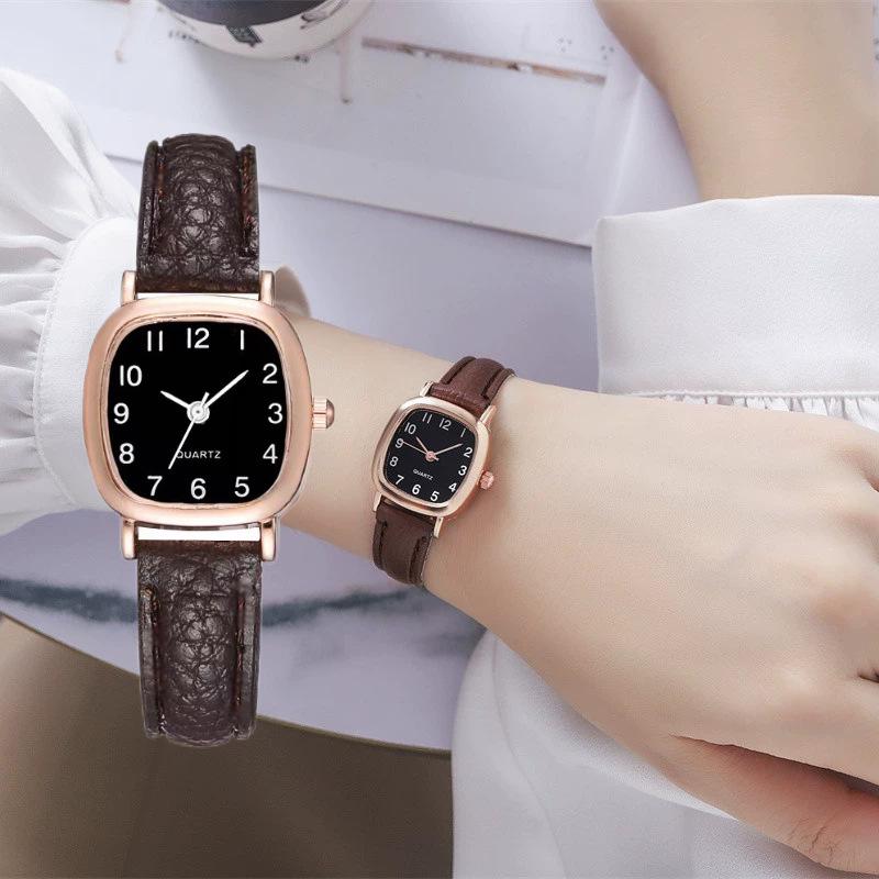 Minimalistische koreanische Damen-Quarzuhr mit Lederarmband - Quadratisches Design mit Indexzahlen