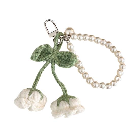 Crochet Flower Keychain Handmade Flower Fruit Bag Charm Cute Keychain Pendant with Faux Pearl Chain Accessory for Girls Women Keys Backpack