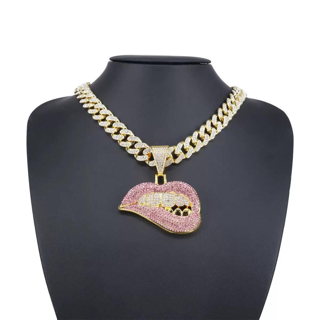 Colorful Diamond Biting Lips Pendant Necklace – Creative Hip Hop Cuban Chain