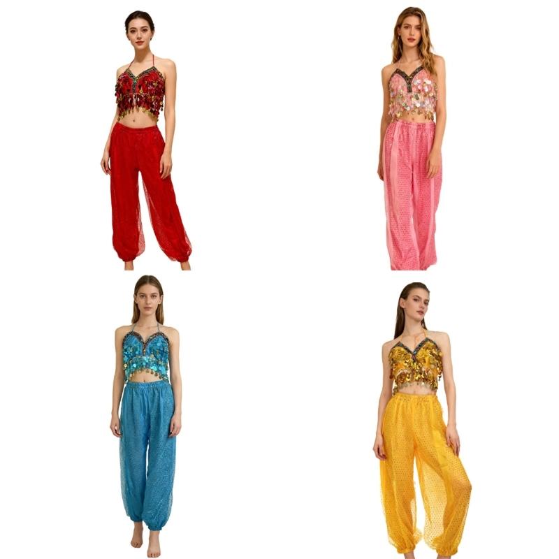 2Pcs Belly Dance Costume Set Women Belly Dance Outfit Sequins Bra Top Harems Pants Halloween Stage Performances Costume