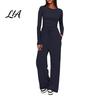 Breathable Matching Sets Women Top Pants Set for Spring Fall, Slim Fit Crewneck Sweatshirt, Everyday Wear Suit Elastic Waist Loose Wide