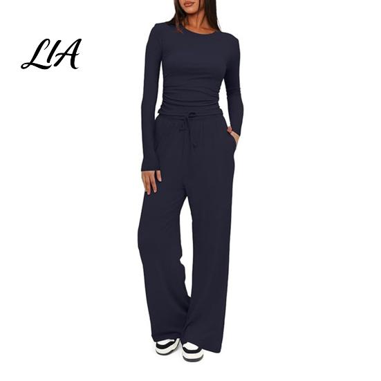 Breathable Matching Sets Women Top Pants Set for Spring Fall, Slim Fit Crewneck Sweatshirt, Everyday Wear Suit Elastic Waist Loose Wide