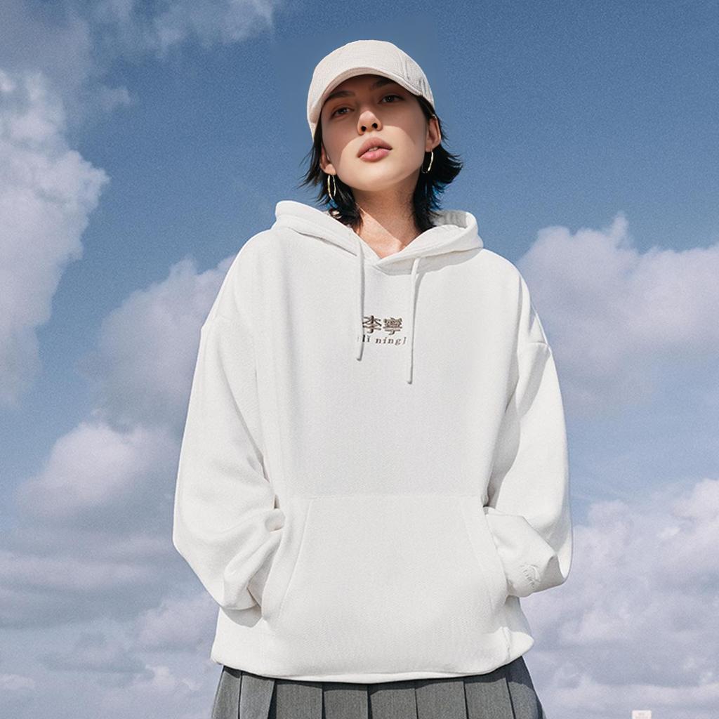 Li Ning Sports Lifestyle Series Loose Fit Hooded American Print Letter Casual Fleece Sweatshirt Unisex sweatshirt Off-White AWDU923-3