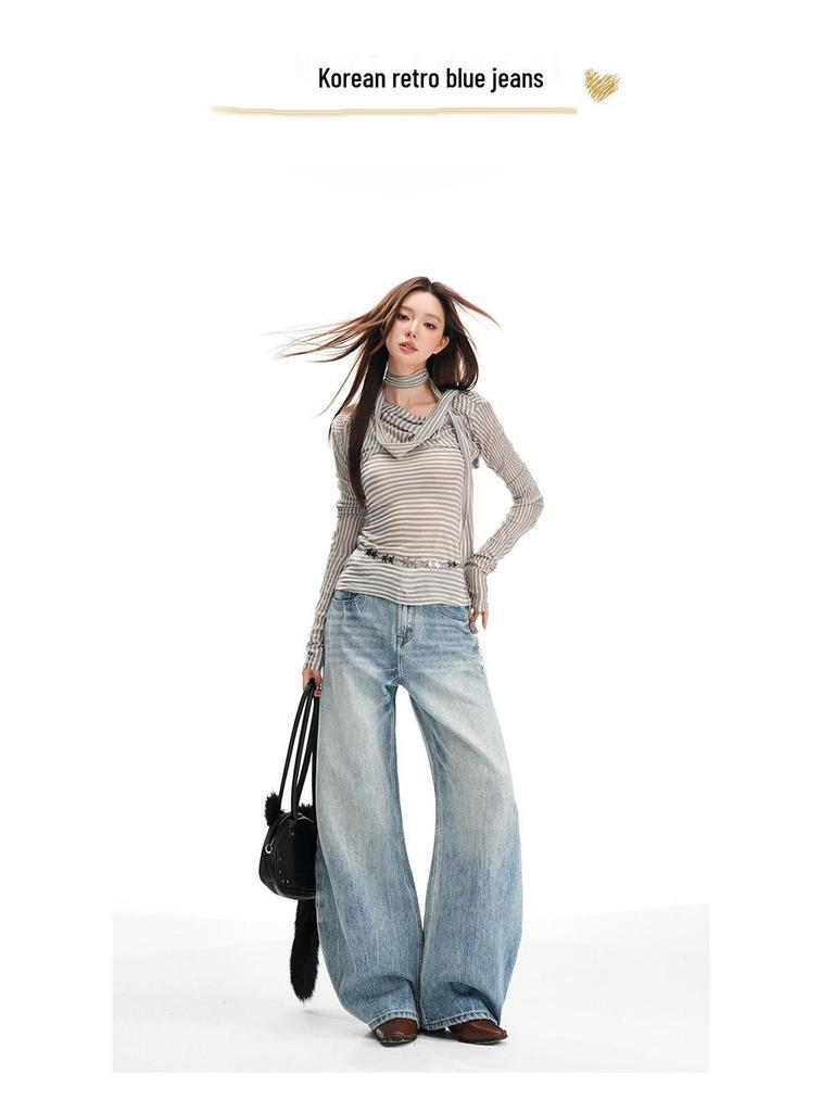 Women's Retro Washed Low Waist Wide Leg Jeans - Autumn Winter Collection