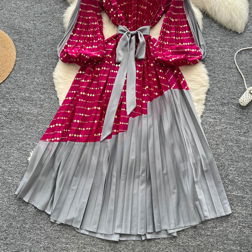 Vintage Elegant Spliced print slim Dress Korean Fashion Long dress hotsweet Women Fashion Dresses