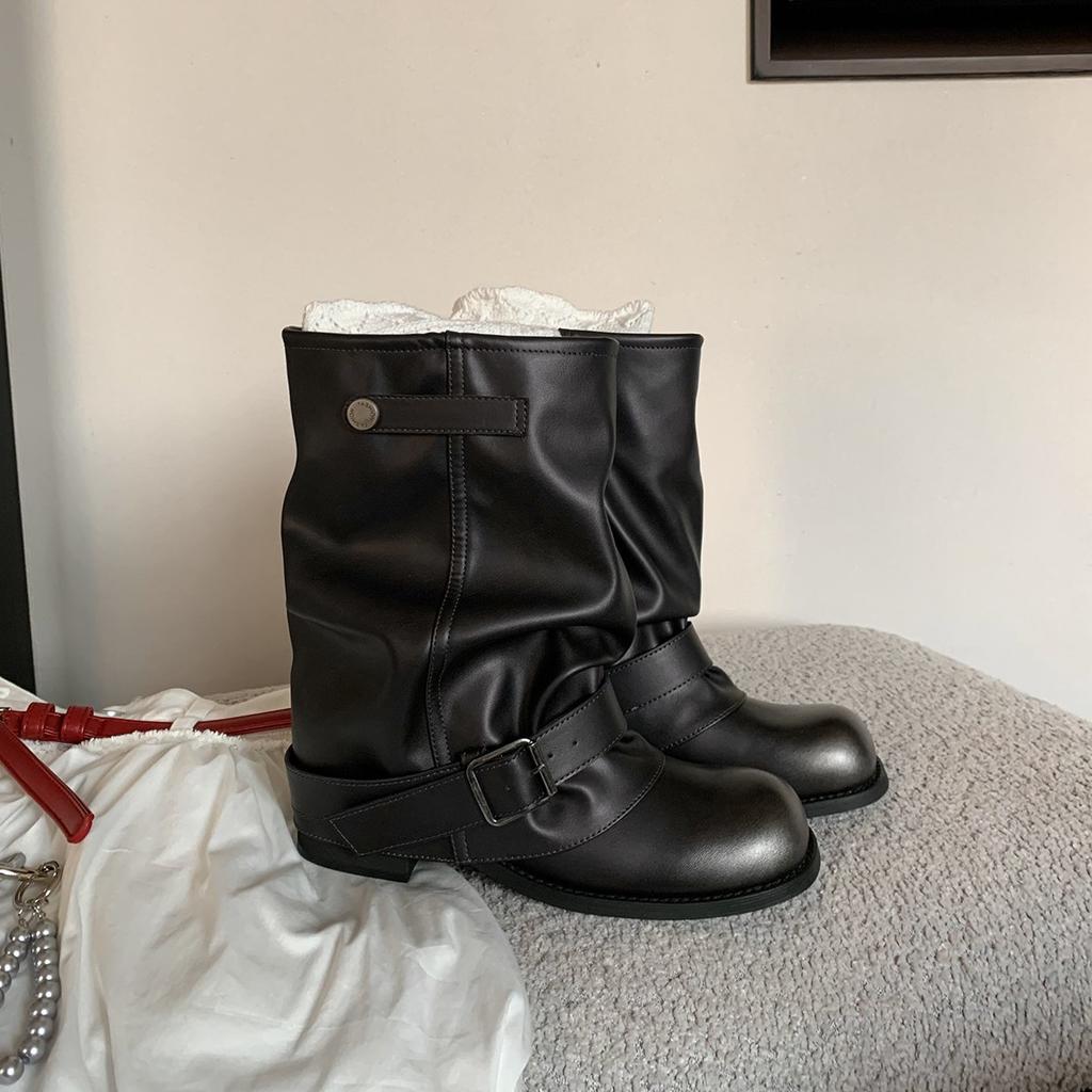 Spot version~ Grape Mom, the same wasteland wind thick bottom heightening and wide tube circumference stacking boots, western short boots for women's