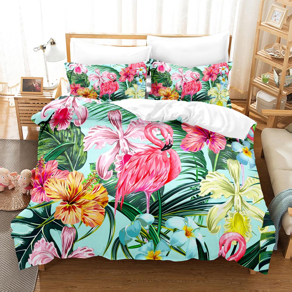 Flamingo Duvet Cover King Queen Tropical Palm Leaves Flower Bedding Set For Adult Red Animal Floral 2/3pcs Polyester Quilt Cover