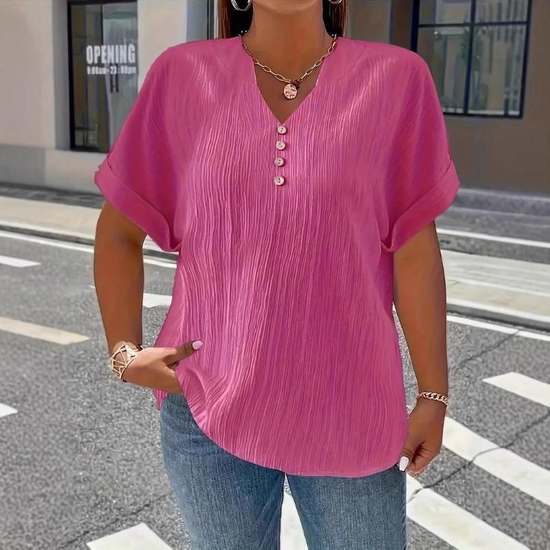 V Neck Casual Simple Summer Blouse Large Size Short Sleeve Fashion Elegant Buttons Shirts Ladies Solid Color Office Tops Elegant Sweet Clothing