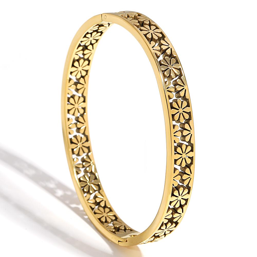 Retro Stainless Steel Hollow Flower Rhinestone Cuff Bangle Bracelet Women's Floral Waterproof Stackable Charms Jewelry Gifts