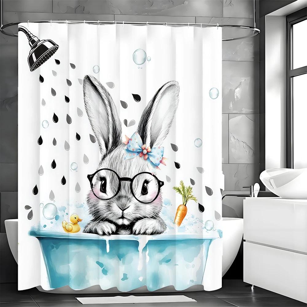 Cute Easter Bunny Shower Curtain, Simple Cute Bunny Bathroom Decorative Shower Curtain, Waterproof Shower Curtain with Hooks