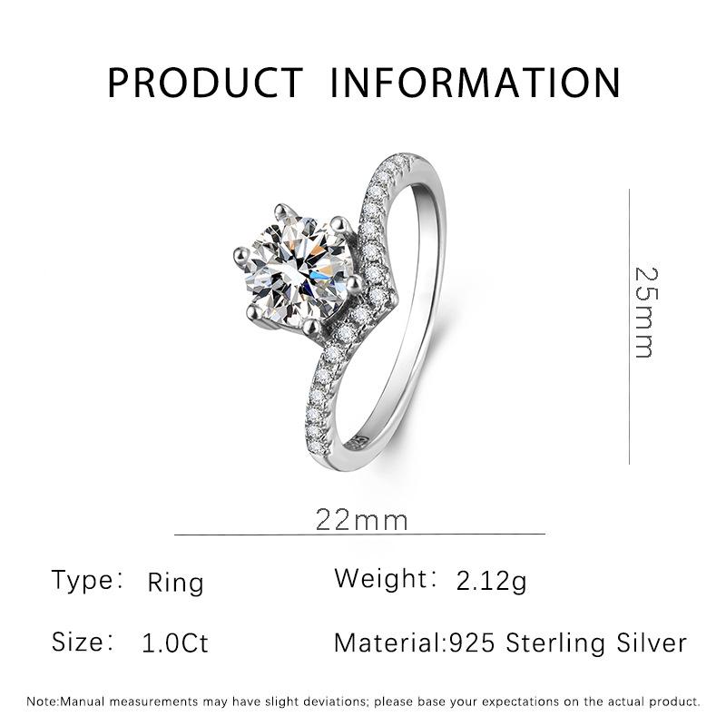 Moissanite Women s S925 Sterling Silver Six-Prong 1 Carat V-Shaped Ring - Classic Fashion Jewelry Size 5