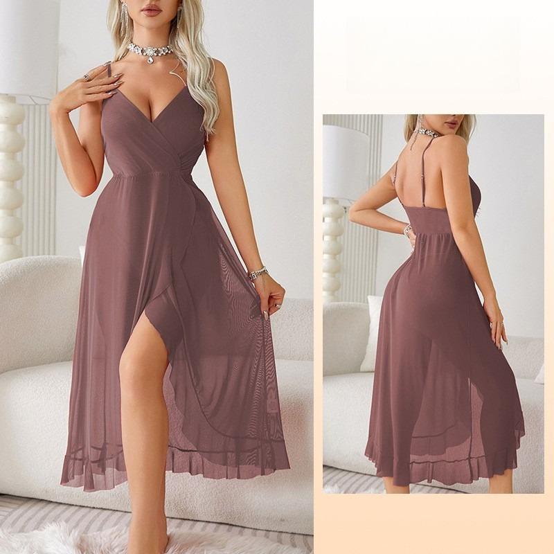 Elegantes V-Ausschnitt Nachthemd mit hohem Schlitz, rückenfrei, ärmellos, sexy Cami, Damen-Loungewear 683, anspruchsvolle, schmeichelhafte Nachtwäsche für selbstbewusste Frauen