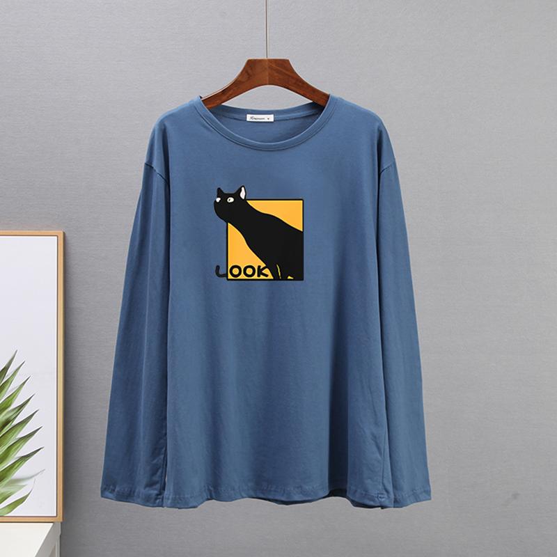 

Hirsionsan Повседневная свободная футболка женская весенняя новая простая простая футболка с круглым вырезом и круглым вырезом с милым котом женские модные универсальные топы с длинными рукавами для девочек L