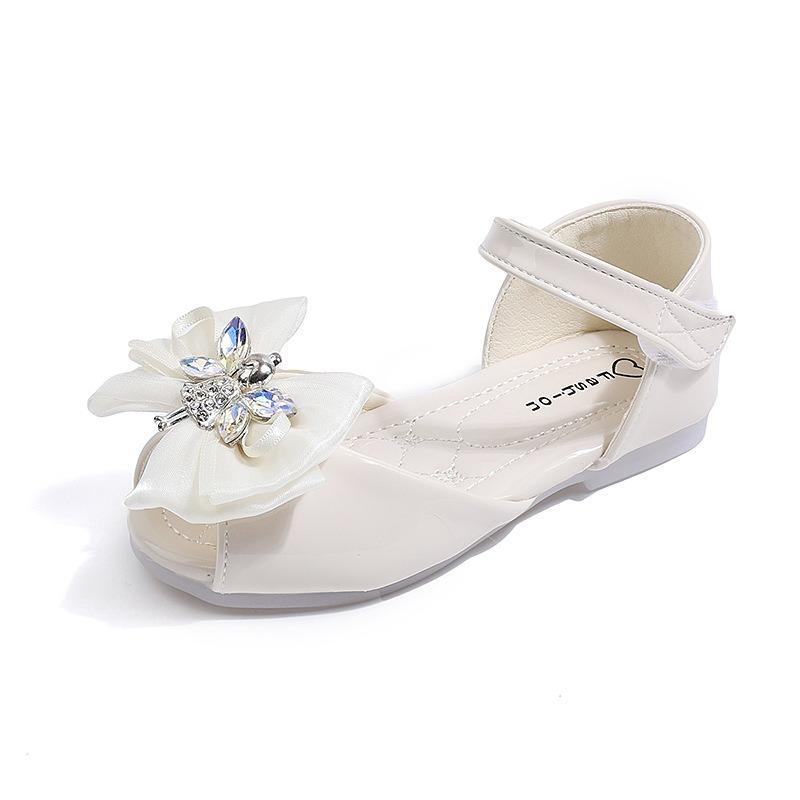 Girls' Angel Button and Bow-Decorated Patent Leather Soft-Sole Princess Shoes / Fish-Mouth Children's Princess Sandals