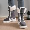 Damen Warme Faux Fur Fleece Gefütterte Faux Wildleder Klobiger Absatz Plateau Schlupfstiefel Schnürung Runde Zehenpartie Mid-Calf Winter Schneestiefel