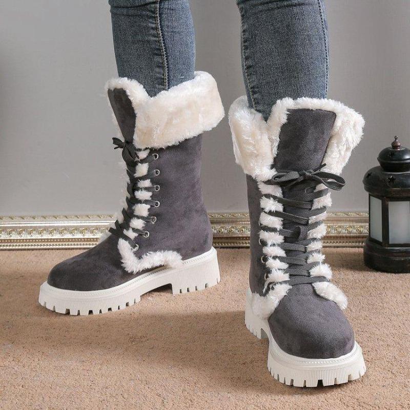 Damen Warme Faux Fur Fleece Gefütterte Faux Wildleder Klobiger Absatz Plateau Schlupfstiefel Schnürung Runde Zehenpartie Mid-Calf Winter Schneestiefel