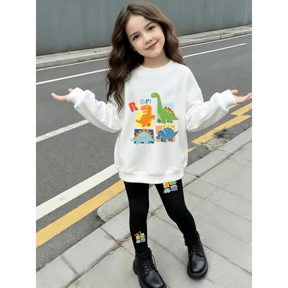 Girls' Colorful Dinosaur Casual Comfortable Soft Loose Pullover Sweatshirt and Leggings 2-Piece Set, New Autumn/Winter, Playful, Sweet and Cool Style