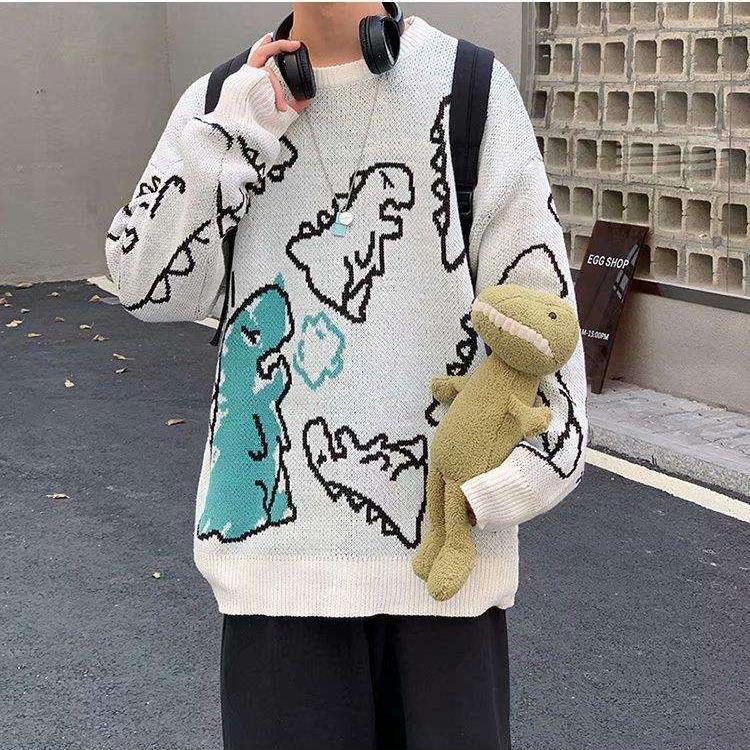 O-Neck Long Sleeve Women's Oversize Sweater Solid Dinosaur Printed Y2k Knitted Sweater Loose Casual Oversized Knitted Pullover