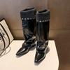 Pointed Spice Girl Belt Buckle Skinny Knight Boots Women's Autumn and Winter Rivet Folds Coarse Heel Locomotive Boots Women's Western Boots