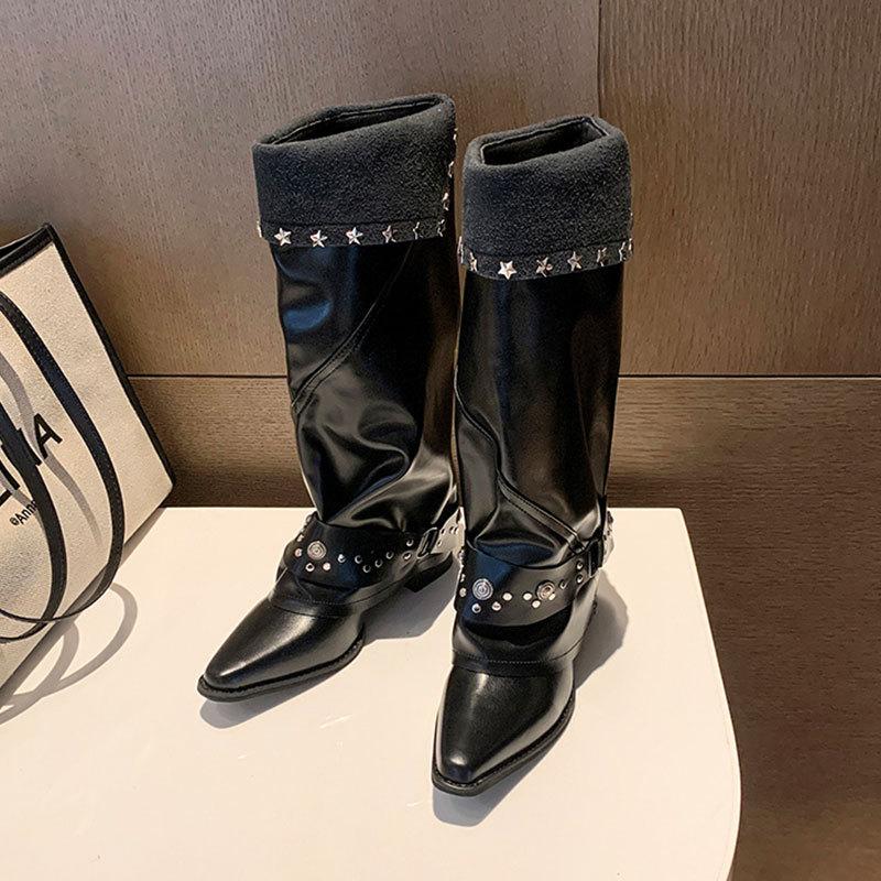Pointed Spice Girl Belt Buckle Skinny Knight Boots Women's Autumn and Winter Rivet Folds Coarse Heel Locomotive Boots Women's Western Boots