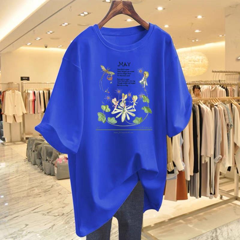 Women's White Summer Casual Loose Fit Pure Cotton Printed Short-Sleeve T-Shirt Undershirt