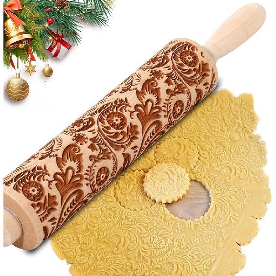 Christmas Embossed Rolling Pin for Baking Cookies Embossing Rolling Pins with Design Wooden Engraved Springerle Roller Pin Dough Patterned Clay