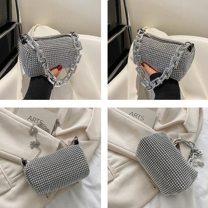 WTEMPO Simple Elegant Casual Rhinestone Silver Black Underarm Bag Women Versatile Party Club Single Shoulder Crossbody Bags Handbags