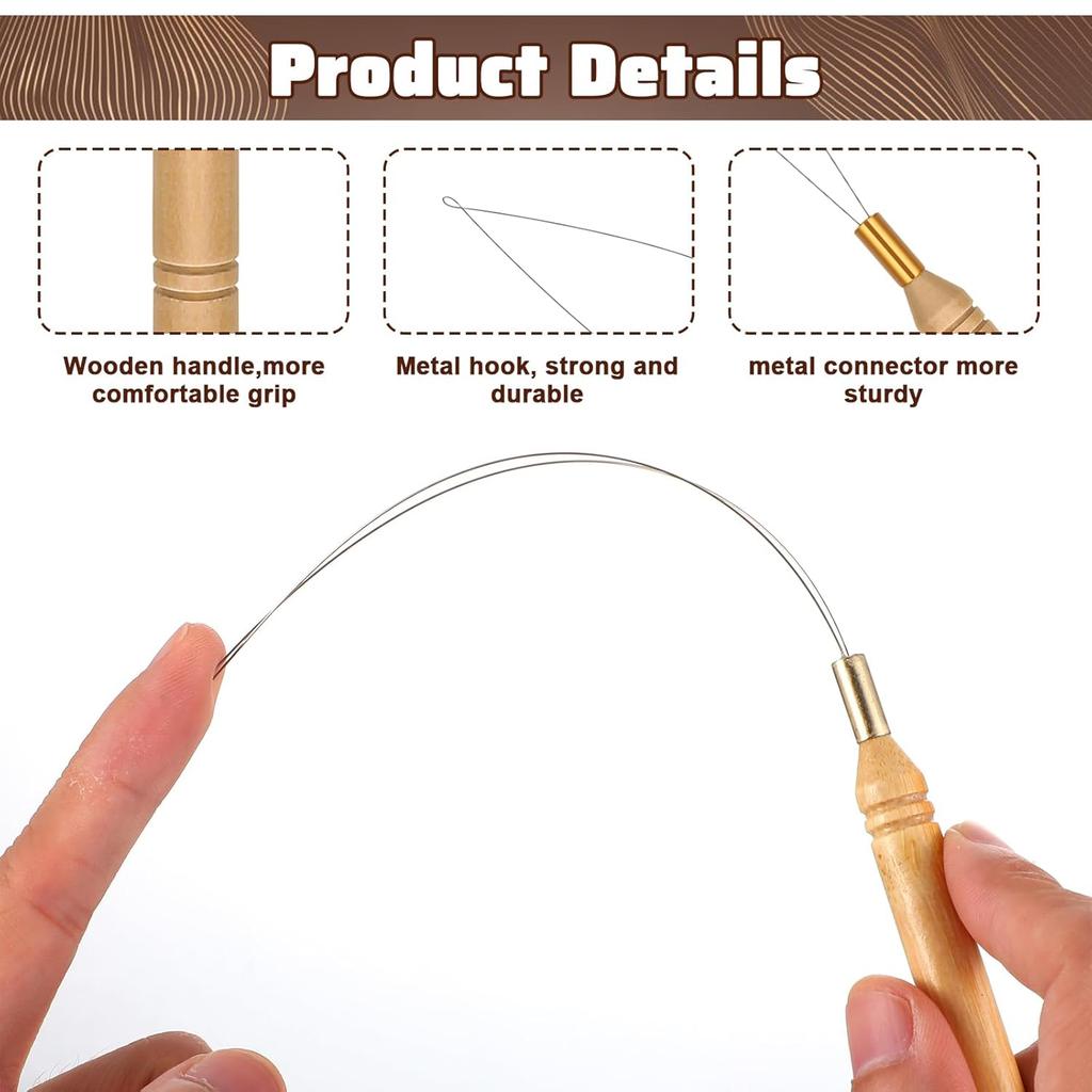 Latch Hook Needle With Wooden Handle Hair Extension Crochet Tool For Beads Feather Hair Rings DIY Hair‑Making Supplies
