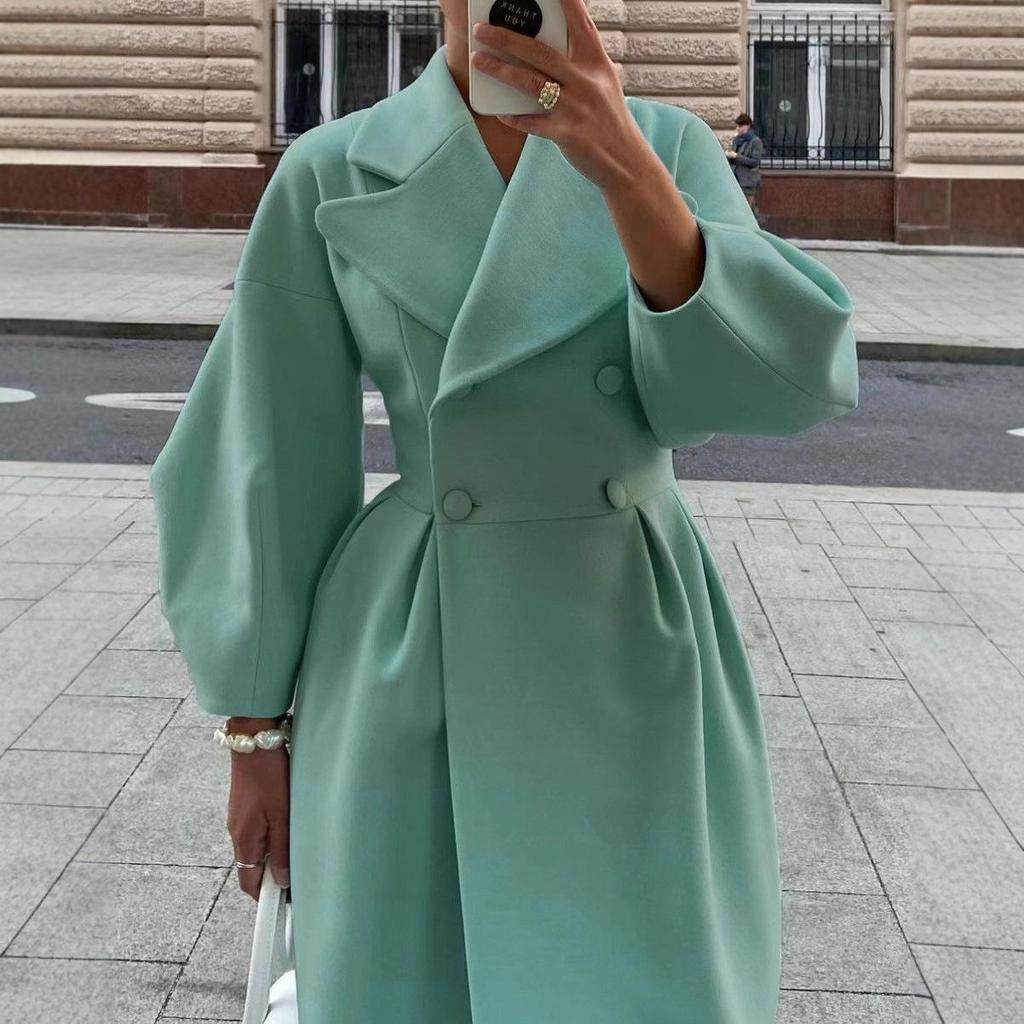 European & American Retro Lantern Sleeve Wool Coat with Large Lapel for Autumn/Winter