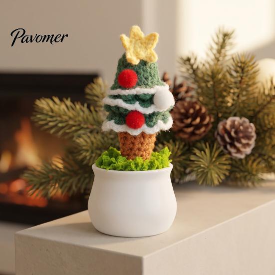 Handcrafted Holiday Desktop Ornaments Hand Crochet Potted Christmas Tree, Creative Knitted Plant, Mini Handmade Wool Decorations Cute Home