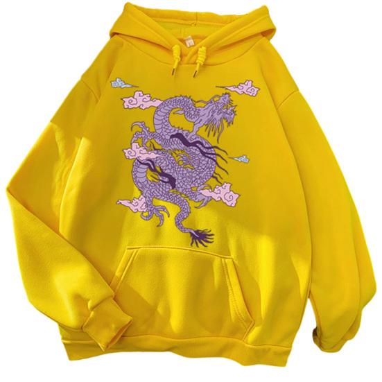 2026 Women Men Hoodie Hooded Hat Long Sleeves Dragon Print Loose Keep Warm Pullover Unisex Spring Hoodie Adult Clothing 3XL жёлтый