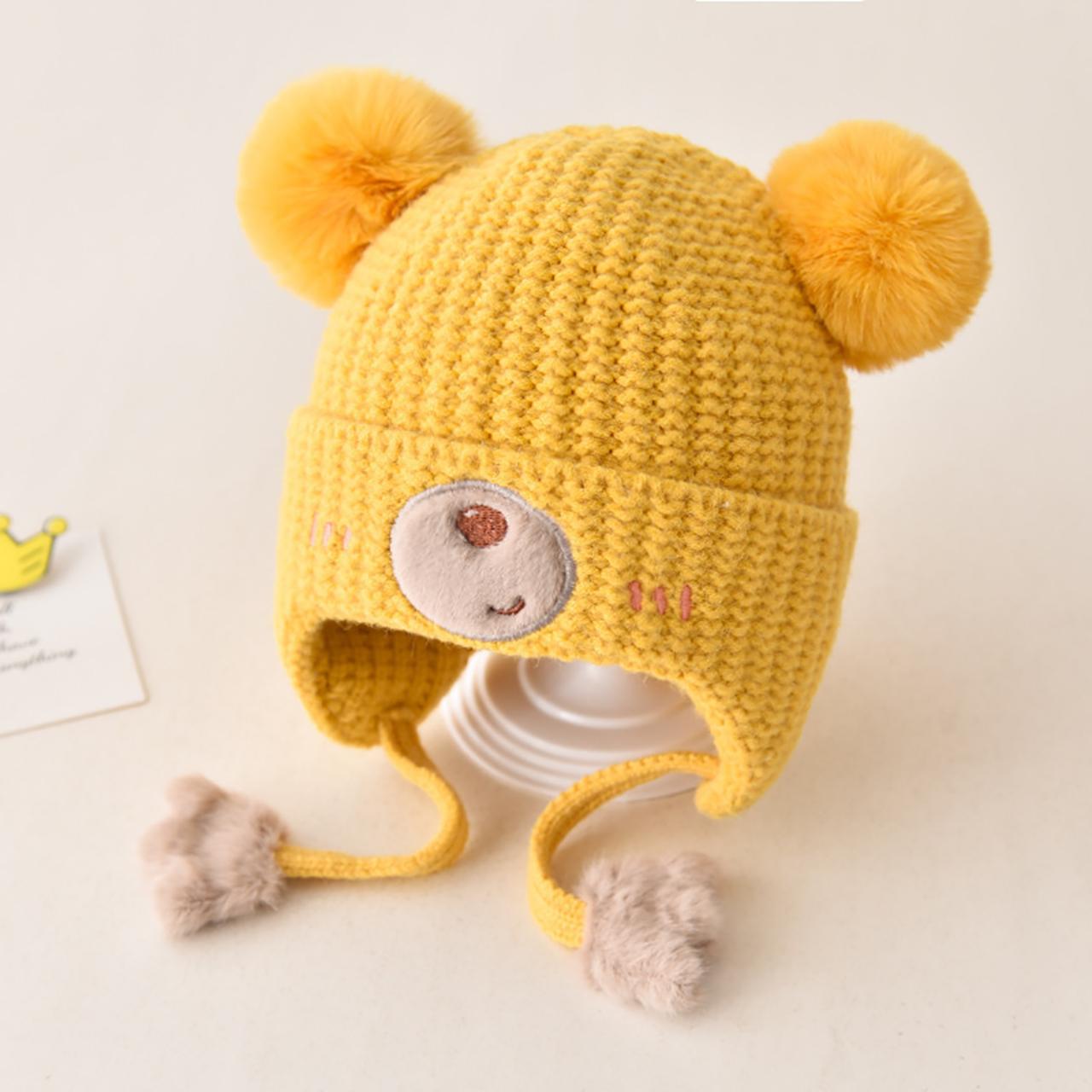 

Зимова дитяча шапка-вушанка Тепла товста в язана шапка для захисту вух для дітей хлопчика дівчинки Мила з помпоном Бавовняна підкладка Шапки-біні жовтий