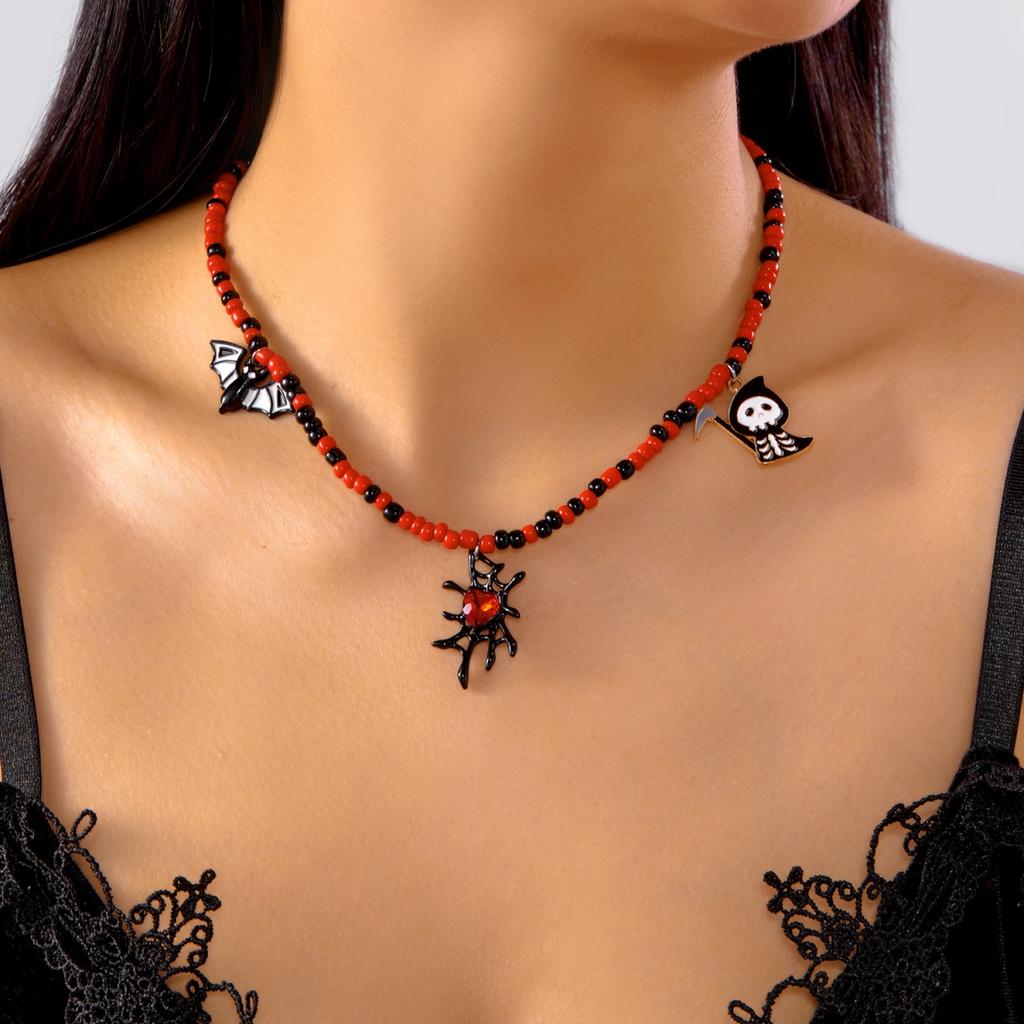 Halloween Halskette Spinnennetz Fledermaus Herz Geist Schwarze Katze Kürbis Anhänger Perle Gotischer Schmuck Für Frauen Männer Party Zubehör Geschenk