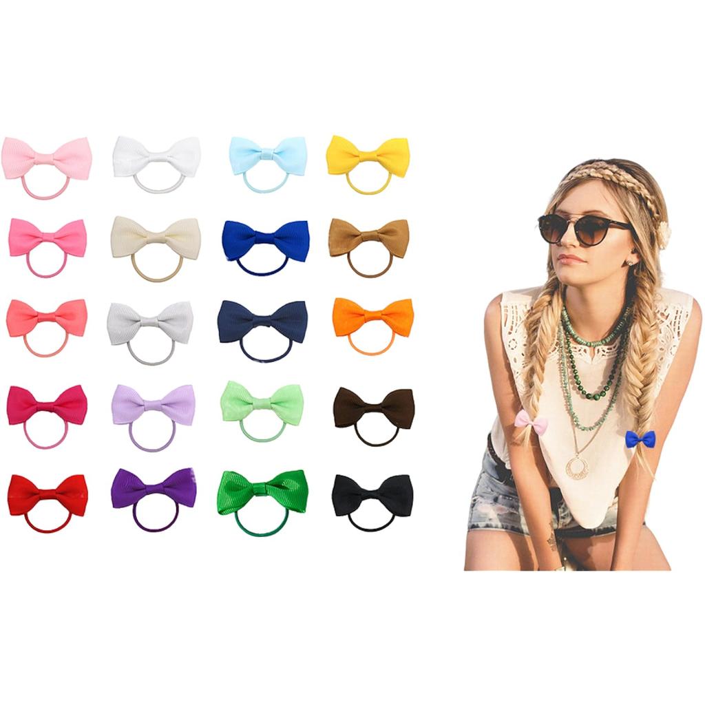 20 Pcs Hair Bows 2 Inch Elastic Rubber Hair Bands Pigtail Ponytail Holders School Hair Accessories for Toddlers Kids Children