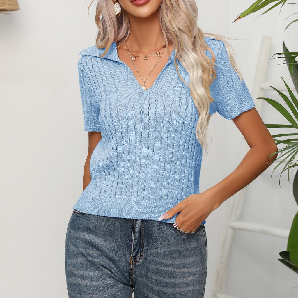 Summer Womens Tops Short Sleeve Pullover Knitwear Solid Color Lapel Knitwear