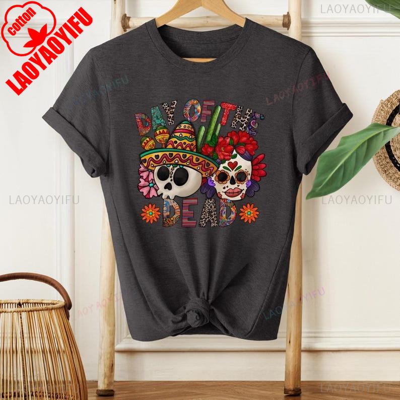 Day Of The Dead Cotton Short Sleeve Shirt Sugar Skull Mexican Heritage Floral Flower Skull Dia De Los Muertos Summer Casual Tee