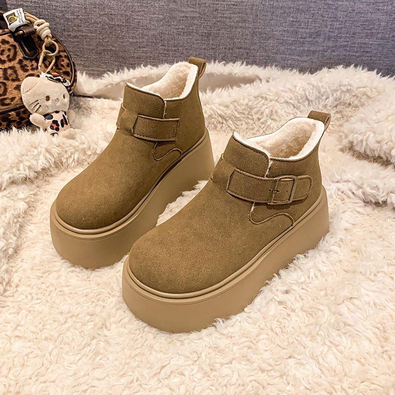 Retro matte leather one-pedal cotton shoes new snow boots high-top Birkenstocks women's shoes velvet thick-soled muffin shoes
