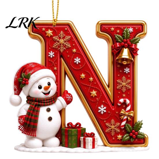 Decorative Gift Tags Cute Snowman Letter Christmas Ornament, 2D Flat Personalized A-Z Alphabet Tree Ornaments Acrylic Hanging Pendant for Xmas