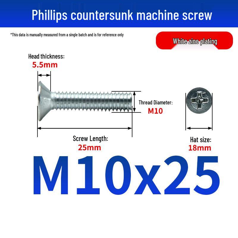 White Zinc Plated Cross Recessed Countersunk Head Screws & Bolts, Machine Thread, M3-M12