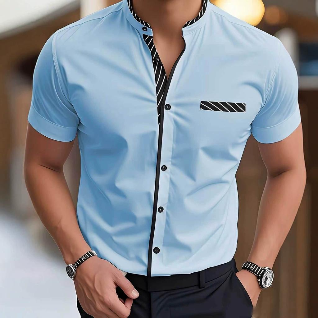 Camicia da uomo a maniche corte con colletto alla coreana, estiva, elasticizzata, a contrasto di colore, resistente alle pieghe, business casual, vestibilità slim