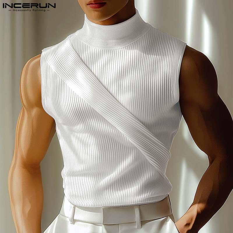 

INCERUN Men Summer Mockneck Sleeveless Front Cross Casual Fitted Tank Tops 2XL чёрный