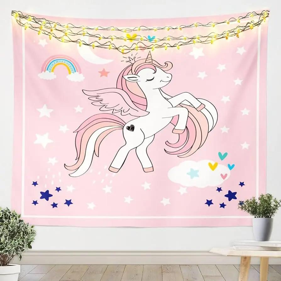 Unicorn Print Tapestry Wall Hanging Cute Cartoon Unicorn Tapestry Asthetic Home Decor Tapestry Wall Hanging for Kids Girls Room