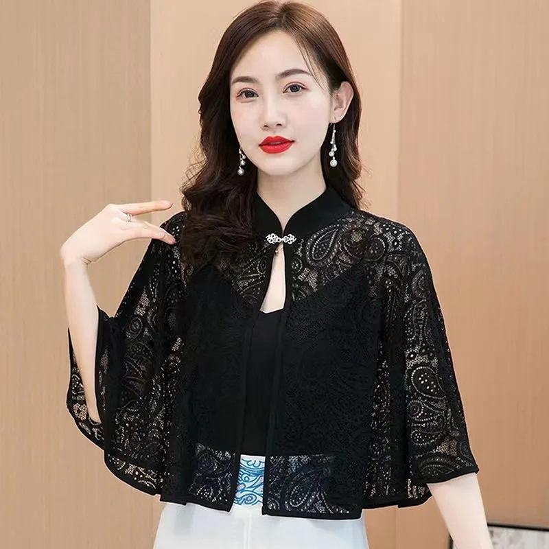 

Spring Summer Shawl Coat Thin Scarf Long Sleeve Lace Temperament Cardigan Outwear Shoulder False Collar Out All-Match Ponchos чорний