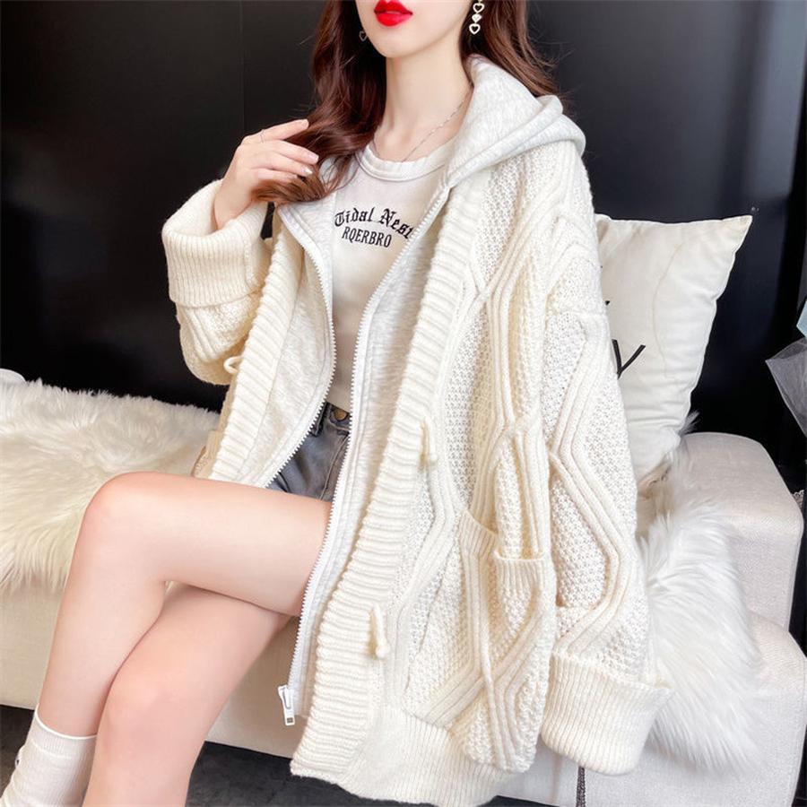 Women's Two-Piece Hooded Knit Cardigan Sweater Coat Autumn Fall Loose Lazy Style Long Sleeve