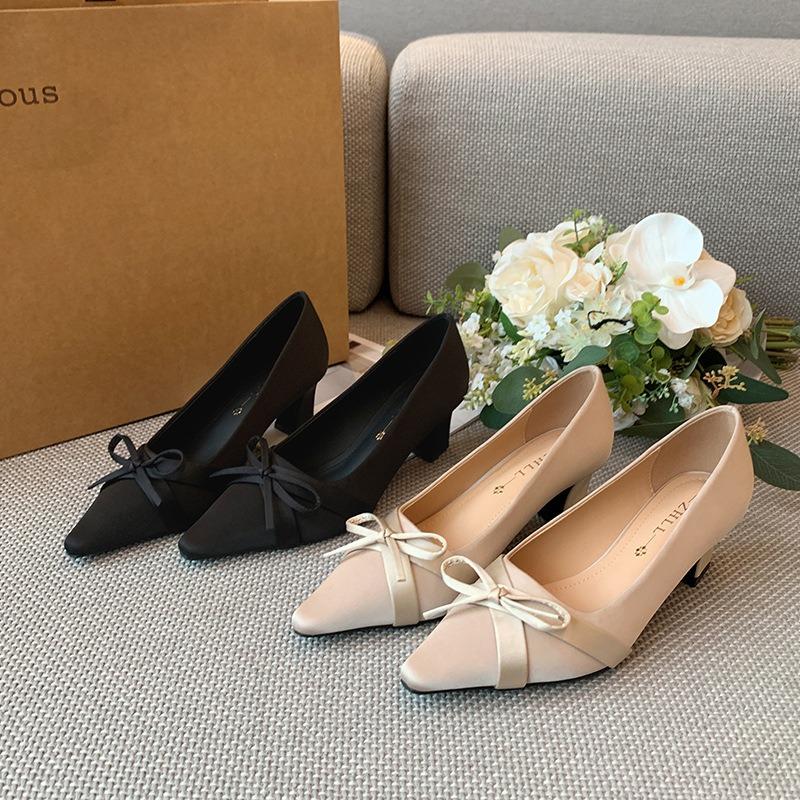 Fat Mm Temperament Black Bow Single Shoes Light Mouth Satin High Heels Plus Fat Wide Large Size Women's Shoes
