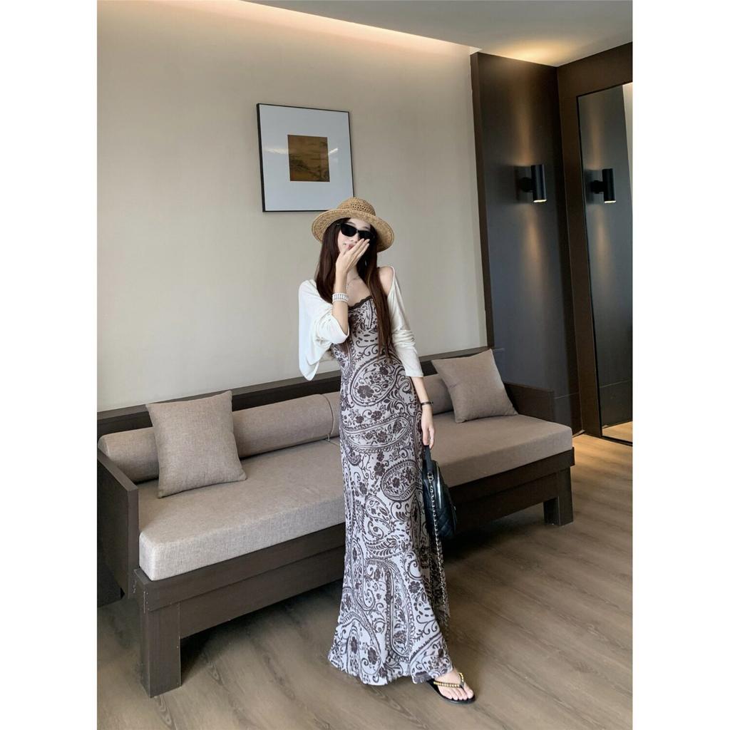Ethnic style lace suspender dress women's summer bohemian Thai style Xinjiang seaside vacation stepmother hip wrap dress