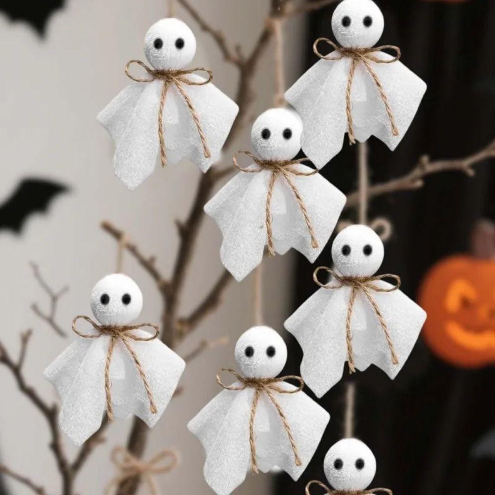 6Pcs 3 Inch Halloween Cloth Ghosts White Ghosts Hanging Ghost Pendant  Haunted House Decoration