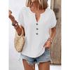 Women V Neck Linen Blend T Shirt Short Sleeve Button Detail Casual Top