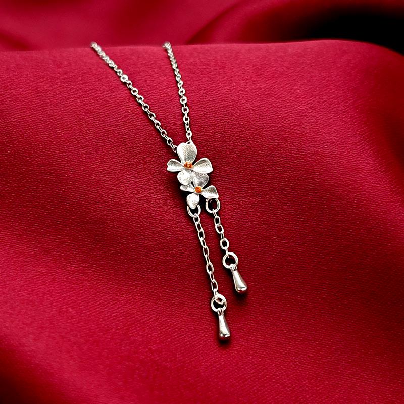 Sterling Silver Floral Necklace for Women - New Chinese Style, Elegant Clavicle Chain Pendant, Ideal Gift for Girlfriend